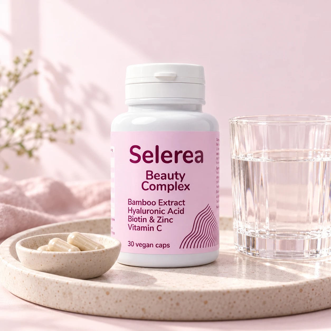 Selerea Beauty Complex kapszulákkal és egy pohár vízzel