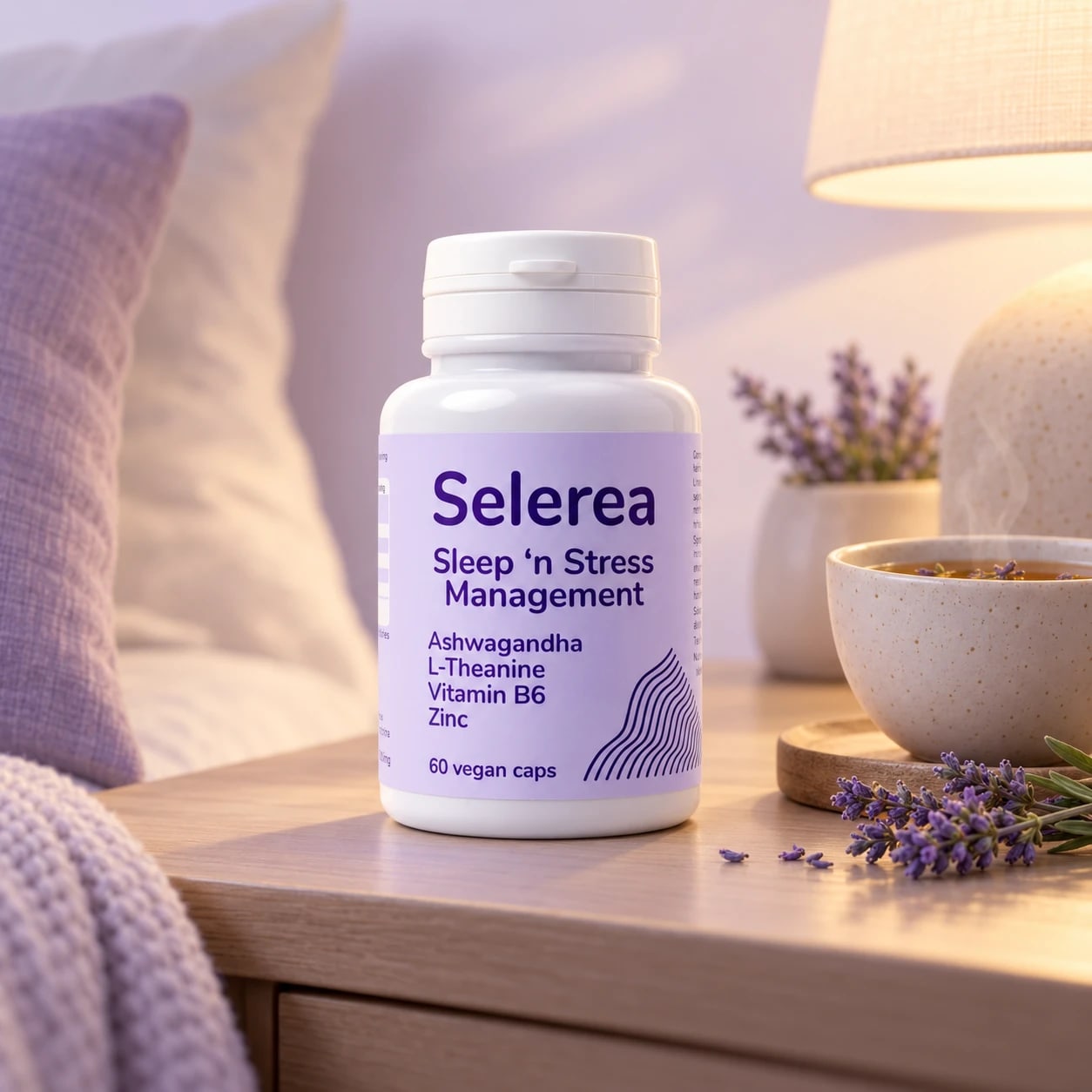 Selerea Sleep n' Stress az éjjeliszekrényen, gyógyteával és levendulával